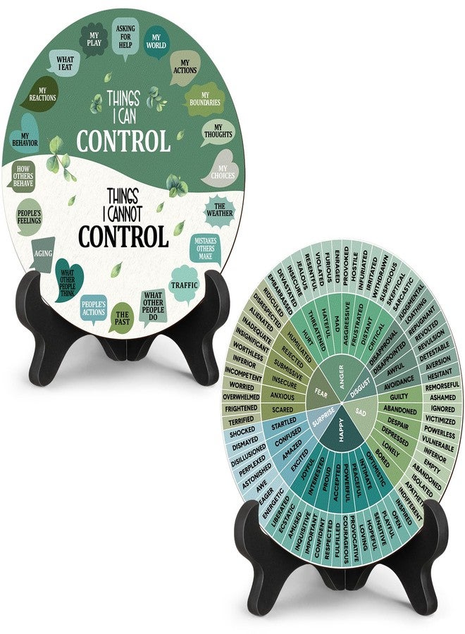 Eaasty 2 Pcs Feelings Wheel Therapy Office Desk Decor Things I Can Control Double Sided Mental Health Emotions Chart with Stand Therapist Gifts Psychology Decor for Home Office Counselor Women Man(Greenery) - Image 1